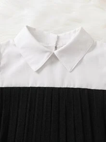 女童針織素色拼接立領休閒襯衫與針織修身喇叭長褲兩件套 - 黑與白 - 查看 6