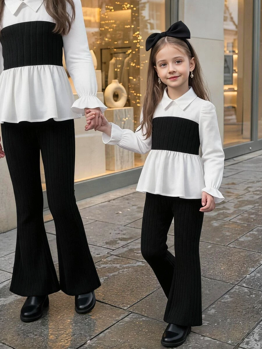 Young Girl Knitted Solid Color Patchwork Woven Stand Collar Casual Shirt And Knitted Fitted Flare Long Pants 2 Pieces Set - Black and White - View 1