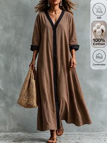 Omancia Gaun Wanita Longgar Kasual dengan Ruffle, Leher V, Motif Blok Warna, Patchwork, Lengan Panjang, Warna Cokelat Kopi, Model Mengembang - Kopi - View 1