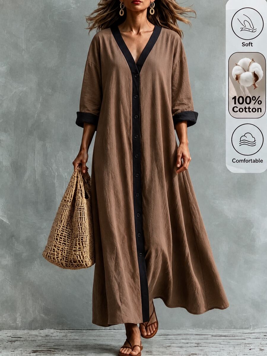 Omancia Gaun Wanita Longgar Kasual dengan Ruffle, Leher V, Motif Blok Warna, Patchwork, Lengan Panjang, Warna Cokelat Kopi, Model Mengembang - Kopi - View 1
