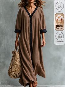 Omancia Gaun Wanita Longgar Kasual dengan Ruffle, Leher V, Motif Blok Warna, Patchwork, Lengan Panjang, Warna Cokelat Kopi, Model Mengembang - Kopi - View 3