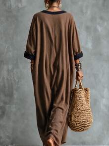 Omancia Gaun Wanita Longgar Kasual dengan Ruffle, Leher V, Motif Blok Warna, Patchwork, Lengan Panjang, Warna Cokelat Kopi, Model Mengembang - Kopi - View 2