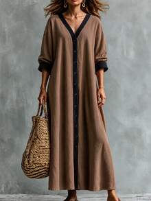Omancia Gaun Wanita Longgar Kasual dengan Ruffle, Leher V, Motif Blok Warna, Patchwork, Lengan Panjang, Warna Cokelat Kopi, Model Mengembang - Kopi - View 6