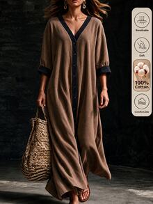 Omancia Gaun Wanita Longgar Kasual dengan Ruffle, Leher V, Motif Blok Warna, Patchwork, Lengan Panjang, Warna Cokelat Kopi, Model Mengembang - Kopi - View 4