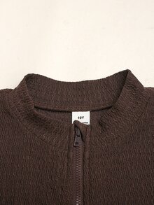 SHEIN Tween Girl 拉鍊夾克外套與喇叭褲套裝 - 棕色 - 查看 4