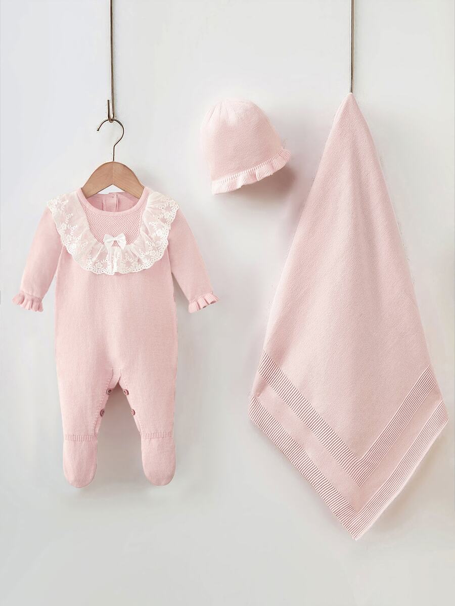 Baby Girls' Cotton Dusty Pink Elegant Lace Ruffle Knit Jumpsuit,Autumn Hooded Sweater For Baby Shower,Newborn 100 Days 1st Birthday Party Daily Wear - Pink - View 1