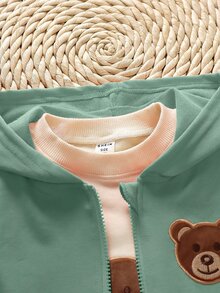 SHEIN 3 件套休闲熊连帽衫，适合年轻男孩，秋季 - 橄欖綠 - 查看 4