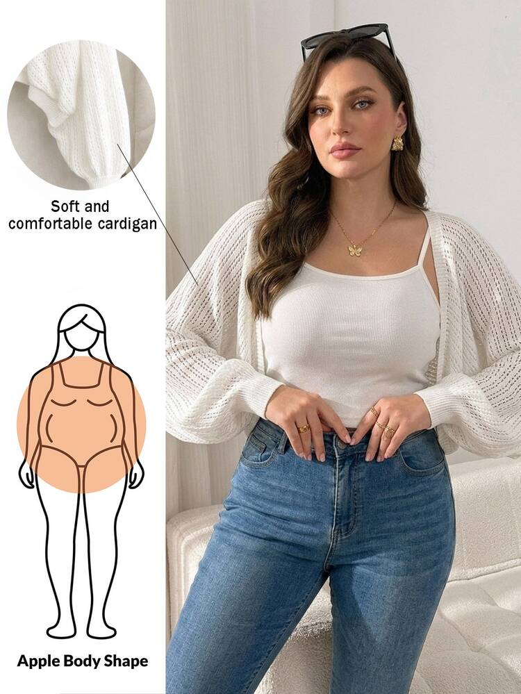 Shapeblank Cardigan Rajut Lengan Balon Warna Polos Berongga Ukuran Plus untuk Liburan Kasual Musim Gugur/Dingin - Aprikot - View 1