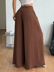Coolane 女款夏季街頭風休閒度假西式穿搭 海灘度假裝飾 復古波希米亞風簡約舒適寬鬆棕色寬腿褲 - 棕色 - 查看 7