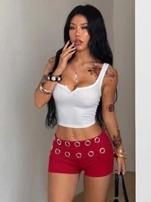 Coolane 女款夏季街頭風迪斯可性感萬聖節電音節復古Y2K搖滾風金屬孔眼低腰針織短褲紅色格紋套裝派對夜店穿搭 - 酒紅色 - 查看 2