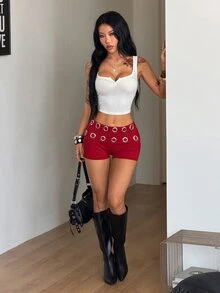 Coolane 女款夏季街頭風迪斯可性感萬聖節電音節復古Y2K搖滾風金屬孔眼低腰針織短褲紅色格紋套裝派對夜店穿搭 - 酒紅色 - 查看 7