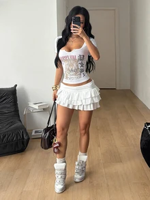 Coolane 女款夏季四季通用外出穿著復古性感Y2K時尚街頭風派對羅紋針織虎紋圖案白色彈性修身缺口領T恤上衣 - 白色 - 查看 5
