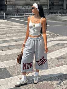 Coolane Women Summer Streetwear Vintage Going Out Back To School Sportswear Graphics Grey Mid Rise Track Shorts Elastic Waistband - Grey - View 4