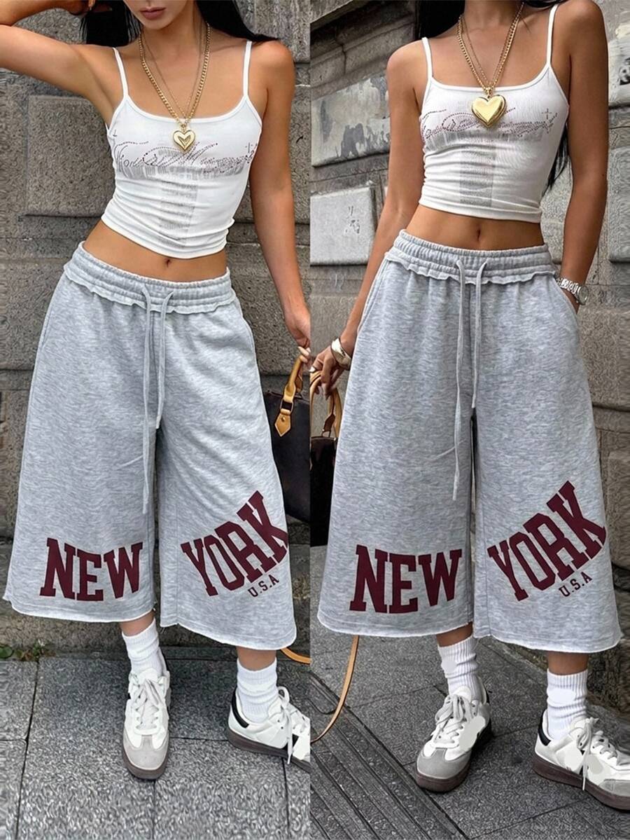 Coolane Women Summer Streetwear Vintage Going Out Back To School Sportswear Graphics Grey Mid Rise Track Shorts Elastic Waistband