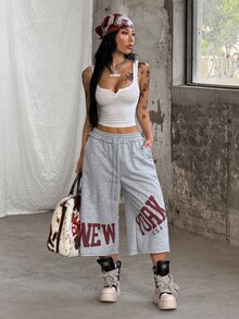 Coolane Women Summer Streetwear Vintage Going Out Back To School Sportswear Graphics Grey Mid Rise Track Shorts Elastic Waistband - Grey - View 8