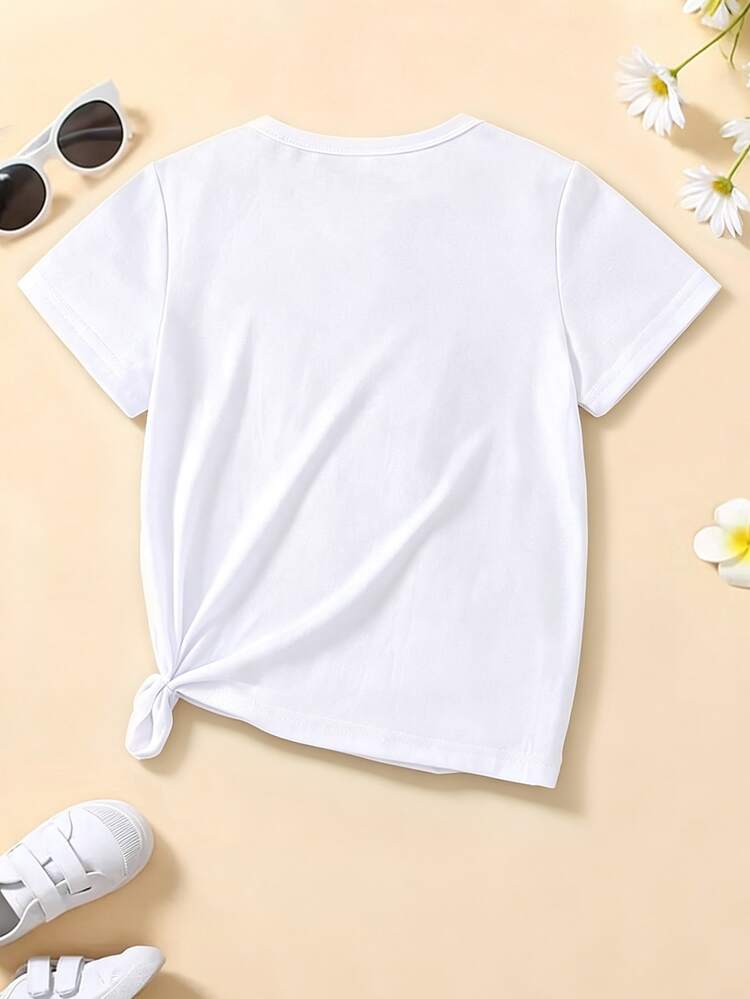 Camiseta básica blanca de manga corta para niña, estilo casual hada vaquera, moda creativa fresca y sencilla, estampado floral azul, primavera/verano, para novia de 1er cumpleaños - Blanco - Añade 2