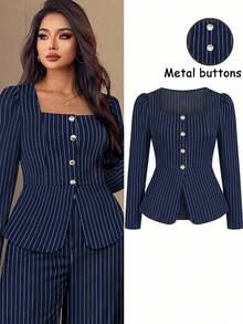 SHEIN Clasi Plus Size Women's Navy Blue Striped Square Neck Button-Up Cinched Waist Elegant Business Casual Long Sleeve Blouse Fall Office Working Formal - Blue - View 5