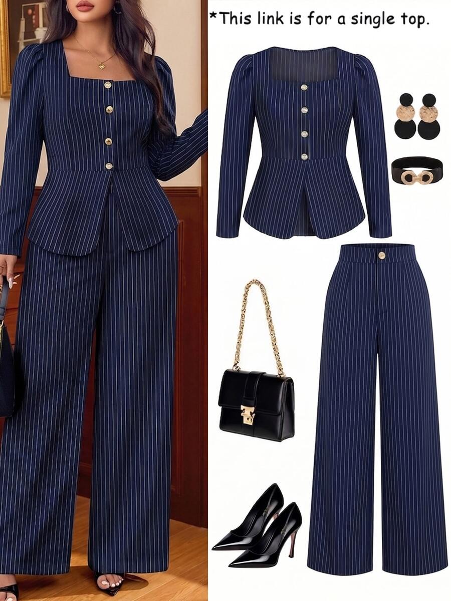 SHEIN Clasi Plus Size Women's Navy Blue Striped Square Neck Button-Up Cinched Waist Elegant Business Casual Long Sleeve Blouse Fall Office Working Formal - Blue - View 1