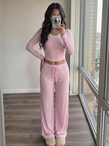 SHEIN 兒童青少年女孩秋冬休閒修身U領長袖粉色與白色針織條紋蕾絲飾邊T恤與配套直筒寬腿褲2件套，節慶穿搭，萬聖節，返校季 - 粉色 - 查看 7