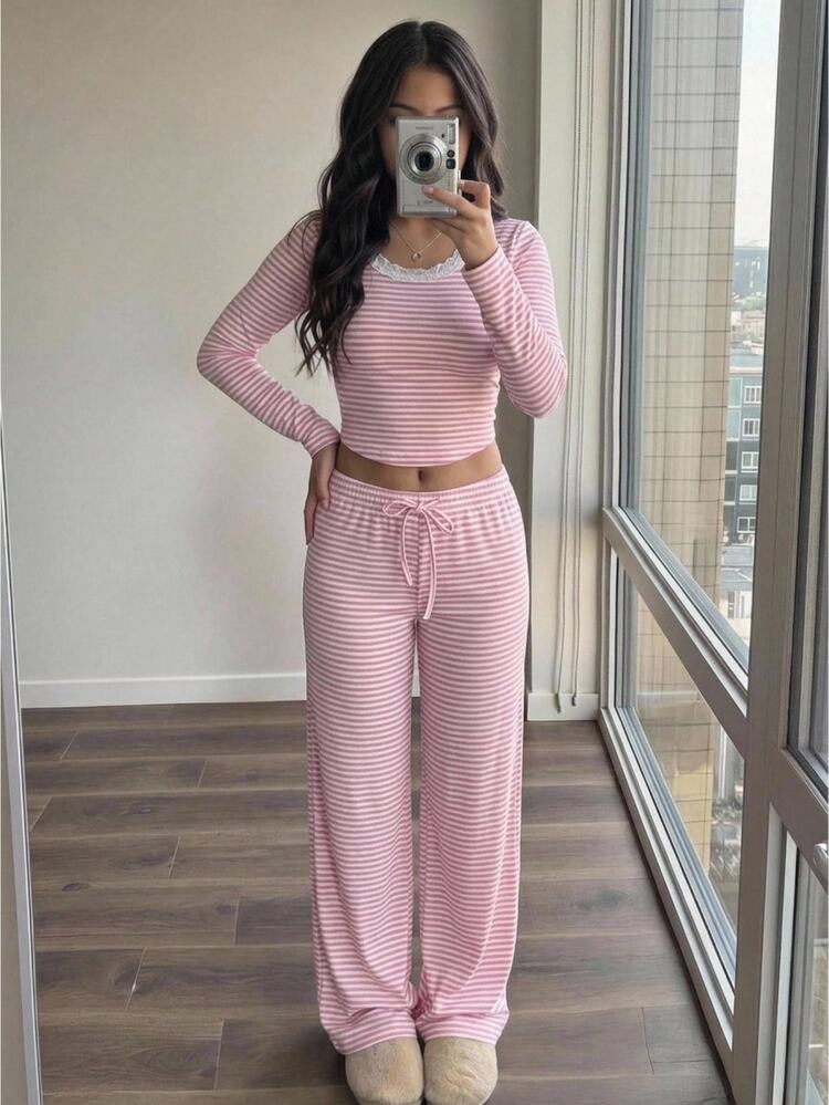 SHEIN Kids Tween Girl Autumn/Winter Casual Slim Fit U-Neck Long Sleeve Pink & White Knitted Striped Lace Trim T-Shirt & Matching Straight Leg Wide Leg Pants 2-Piece Set, Festival Outfits, Halloween, Back To School - Pink - View 7