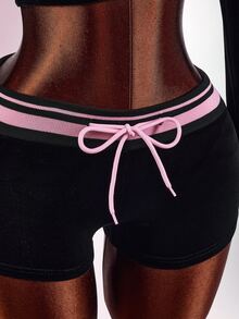 Amplova Damen Samt Stickerei Kontrastfarbe Schwarz und Rosa Reißverschluss Langarm figurbetonend Ultra Tief Taille Ultra Mini Shorts 2-teiliges Set Lounge Y2k - Schwarz - Übersicht 9