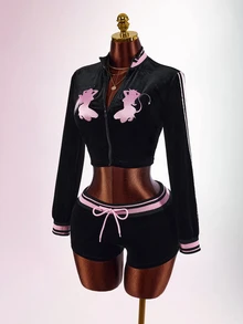 Amplova Damen Samt Stickerei Kontrastfarbe Schwarz und Rosa Reißverschluss Langarm figurbetonend Ultra Tief Taille Ultra Mini Shorts 2-teiliges Set Lounge Y2k - Schwarz - Übersicht 14
