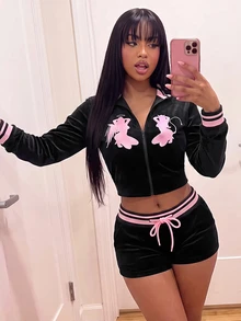 Amplova Damen Samt Stickerei Kontrastfarbe Schwarz und Rosa Reißverschluss Langarm figurbetonend Ultra Tief Taille Ultra Mini Shorts 2-teiliges Set Lounge Y2k - Schwarz - Übersicht 1