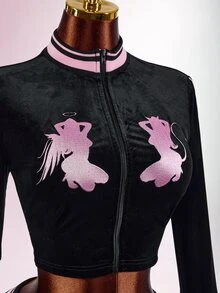 Amplova Damen Samt Stickerei Kontrastfarbe Schwarz und Rosa Reißverschluss Langarm figurbetonend Ultra Tief Taille Ultra Mini Shorts 2-teiliges Set Lounge Y2k - Schwarz - Übersicht 8