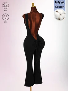 Amplova 女款抓皺綁帶性感迪斯可收腰喇叭褲緊身連身褲，黑色夏季夜店派對風 - 黑色 - 查看 4