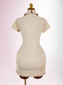 Amplova Doll Face Vintage Sexy Elegant Modern Y2K Short Sleeve Double-Breasted Fitted Bodycon Mini Dress For Women Night Out Brunch Club Beige Summer - Camel - View 7