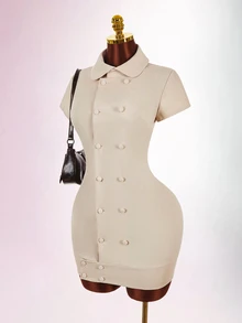 Amplova Doll Face Vintage Sexy Elegant Modern Y2K Short Sleeve Double-Breasted Fitted Bodycon Mini Dress For Women Night Out Brunch Club Beige Summer - Camel - View 4