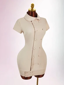 Amplova Doll Face Vintage Sexy Elegant Modern Y2K Short Sleeve Double-Breasted Fitted Bodycon Mini Dress For Women Night Out Brunch Club Beige Summer - Camel - View 11