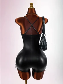 Amplova Cross Strap Sleeveless PU Webbing Tight Fit Sexy Bandage Techno Women's Jumpsuit Halloween Club Rave Rave Black Summer - Black - View 8