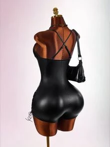 Amplova Cross Strap Sleeveless PU Webbing Tight Fit Sexy Bandage Techno Women's Jumpsuit Halloween Club Rave Rave Black Summer - Black - View 3