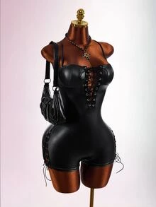 Amplova Cross Strap Sleeveless PU Webbing Tight Fit Sexy Bandage Techno Women's Jumpsuit Halloween Club Rave Rave Black Summer - Black - View 7