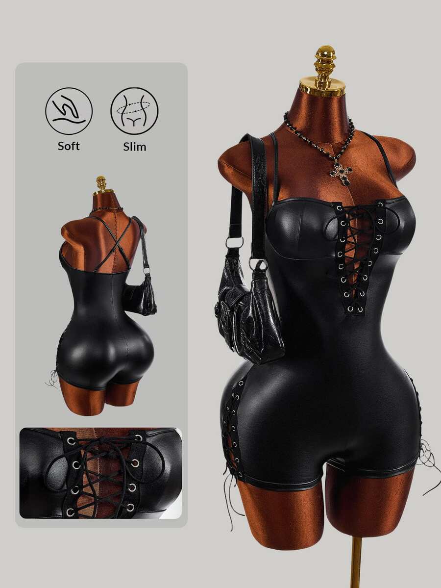 Amplova Cross Strap Sleeveless PU Webbing Tight Fit Sexy Bandage Techno Women's Jumpsuit Halloween Club Rave Rave Black Summer - Black - View 1