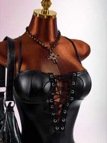 Amplova Cross Strap Sleeveless PU Webbing Tight Fit Sexy Bandage Techno Women's Jumpsuit Halloween Club Rave Rave Black Summer - Black - View 2