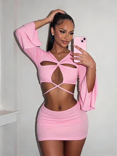 Amplova Cross-Ruched Tie-Up Ultra Low Waist Long Sleeve Bodycon Bodycon Sequin Party Night Out Club Y2K Sexy Women 2 Pieces Set Pink Summer
