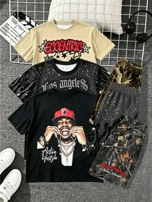 1 Random Set,Boys Starry Sky Flame Portrait Camo Print Tops Set Loose Dropped Shoulder Streetwear School Outfits Back To School Fall Black Tops Pants - Multicolor - View 3