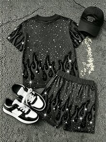 1 Random Set,Boys Starry Sky Flame Portrait Camo Print Tops Set Loose Dropped Shoulder Streetwear School Outfits Back To School Fall Black Tops Pants - Multicolor - View 5