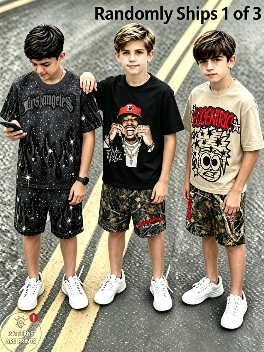 1 Random Set,Boys Starry Sky Flame Portrait Camo Print Tops Set Loose Dropped Shoulder Streetwear School Outfits Back To School Fall Black Tops Pants - Multicolor - View 1