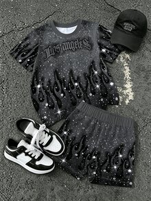 1 Random Set,Boys Starry Sky Flame Portrait Camo Print Tops Set Loose Dropped Shoulder Streetwear School Outfits Back To School Fall Black Tops Pants - Multicolor - View 4