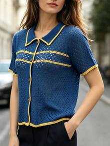 Elafinee Women's Colorblock Hollow Out Cropped Cardigan - Royal Blue - View 4