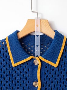 Elafinee Women's Colorblock Hollow Out Cropped Cardigan - Royal Blue - View 3