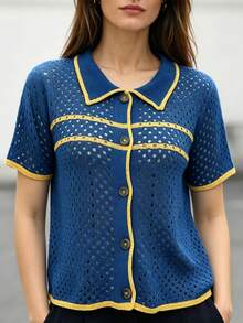 Elafinee Women's Colorblock Hollow Out Cropped Cardigan - Royal Blue - View 5