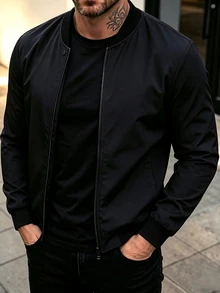 Manfinity Homme 男士黑色全拉鍊休閒夾克 - 黑色 - 查看 5