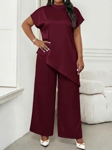 SHEIN Lady 大尺碼女款純色立領休閒百搭日常穿著上衣 - 酒紅色 - 查看 4