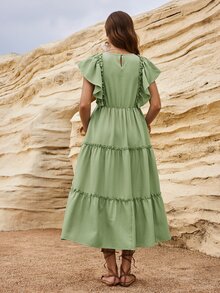 SHEIN 孕妇纯色荷叶边下摆哺乳连衣裙 - 綠色 - 查看 3