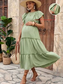 SHEIN 孕妇纯色荷叶边下摆哺乳连衣裙 - 綠色 - 查看 1