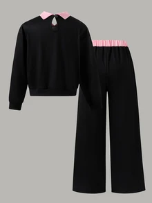 青少年女孩黑色連帽衫2件套休閒寬鬆針織開學秋季服裝萬聖節字母黑色女孩套裝Y2K可愛上衣 - 彩色 - 查看 2